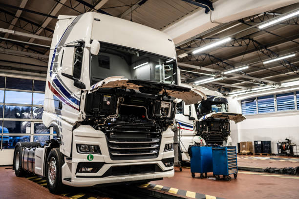 Interior of truck truck repair shop.
